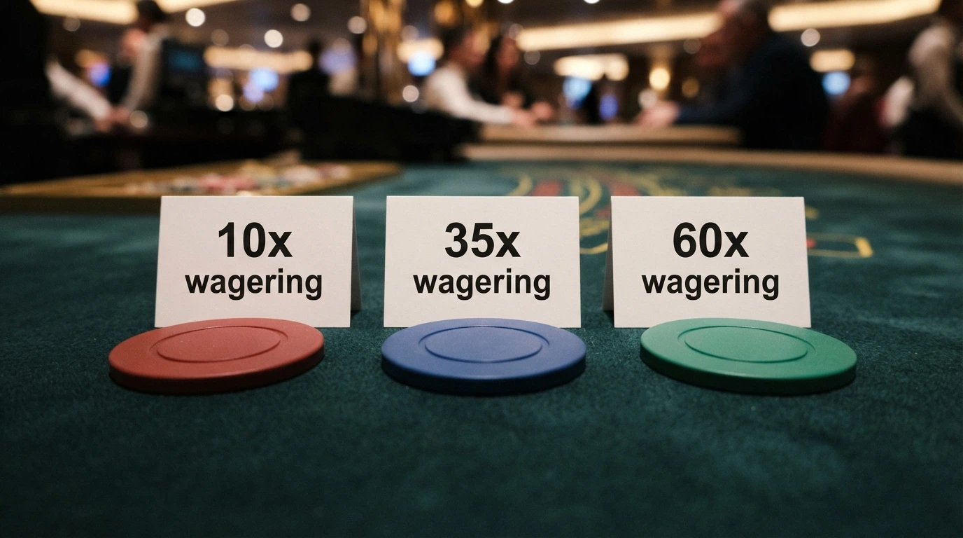 Schema comparativo che mostra tre bonus da €100 con wagering 10x, 35x e 60x e il rispettivo volume di puntate richiesto per lo sblocco