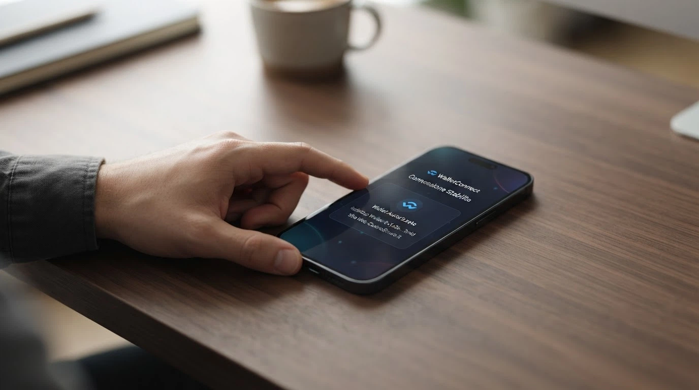 Uno schermo di smartphone con un wallet crypto connesso a un casino online tramite WalletConnect, senza form di registrazione