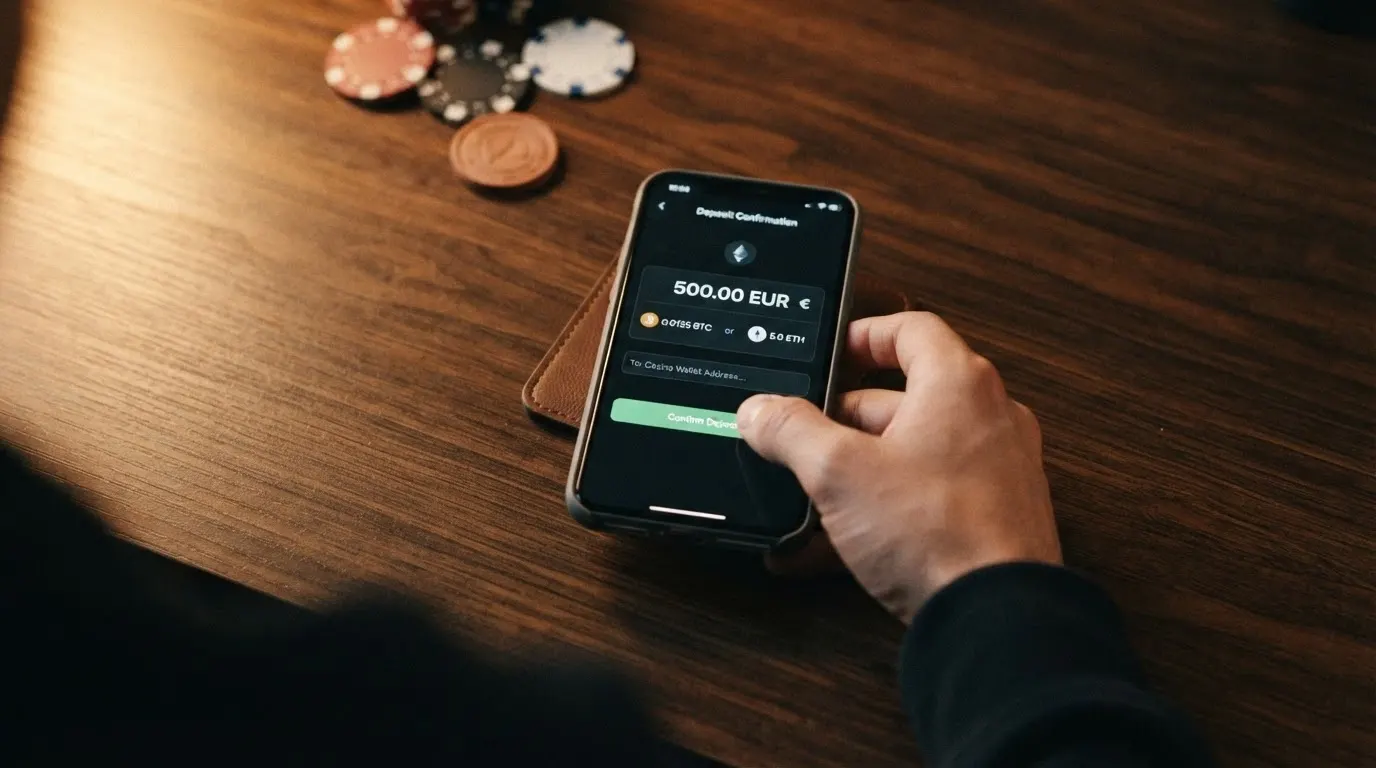 Wallet di criptovaluta su smartphone con transazione Ethereum in uscita verso un casinò online